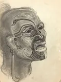 Theodorus Johannes Schoon, Study of a Maori Chief after Sydney Parkinson, pencil and ink on paper
