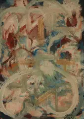 Abstraction with Tiki Form by John Weeks, tempera on board, offered Jun 2017