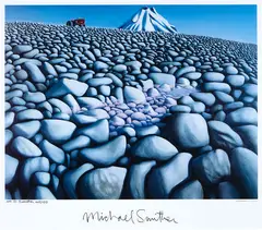Rocks with Mountain by Michael Smither, silkscreen print, 40/150, sold Jun 2017