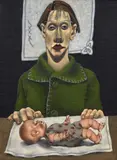 Viky Garden, Girls and Dolls, oil on hessian mounted to board