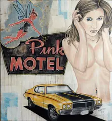 Shea O’Neill, Pink Motel, acrylic on wood panel
