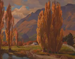 Cedric Savage, Untitled – Central Otago Landscape with Poplars, oil on board