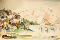 Douglas MacDiarmid, Untitled – Landscape with Bridge, watercolour