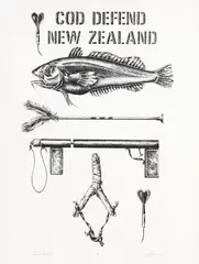 John Tarlton, Cod Defend New Zealand, lithograph, 2/10
