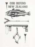 John Tarlton, Cod Defend New Zealand, lithograph, 2/10