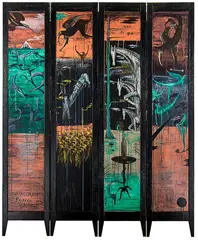 Choreograph Screen by Bill Hammond, acrylic and metallic paint on four panel screen, offered Apr 2017