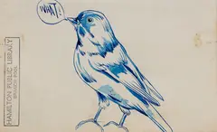 Samantha Mitchell, What!, ink and watercolour on found Hamilton Public Library page