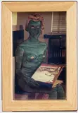 J. K Russ, #freethenipple (Reverse Censorship), hand-applied ink on found postcards in artist’s custom frame