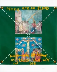 None are so Blind … by John Reynolds, tissue, oil pastel and pins on canvas (1997), sold Feb 2017