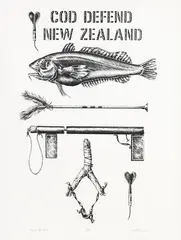 John Tarlton, Cod Defend New Zealand, lithograph, 2/10