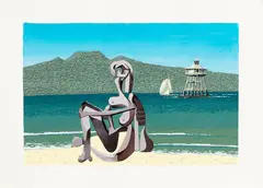 George Baloghy, Untitled – Rangitoto with modernist figure, gouache on paper
