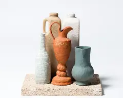 Ann Verdcourt, Something old, something new, unglazed ceramics with slips and stains and ceramic base with burnt out materials (2001)