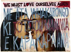 We Must Love Ourselves Again by Robyn Kahukiwa, oil on unstretched linen canvas, sold Dec 2016