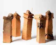 Baye Riddell, Tangata Whenua, oxide-stained, wood-fired earthenware, five parts