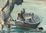 Euan MacLeod, Boy In Barrow In Water, oil on canvas, 2007