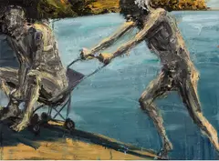 Pushing Pram Uphill by Euan MacLeod, oil on canvas, sold Nov 2016