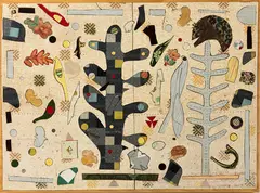 Simon Ogden, Black Tree/Cacti Siesta, found linoleum, wood, wallpaper, cloth and 23 carat gold leaf on plywood