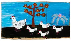 Sue Soo, Hen and Chicks, acrylic and metallic paint on card, 2009