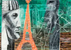 Denys Watkins, Study with Eiffel Tower, oil pastel on paper