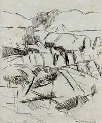 Colin McCahon, Landscape from Woollaston’s Mapua, ink on paper