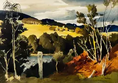 Peter McIntyre, Sun on the Hill, ink and watercolour