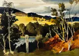 Peter McIntyre, Sun on the Hill, ink and watercolour