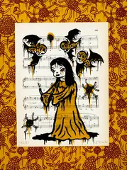 Gary Baseman, In Gold Blood, serigraph on found paper, mounted to glitter pattern paper