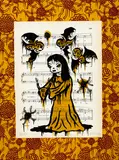 Gary Baseman, In Gold Blood, serigraph on found paper, mounted to glitter pattern paper