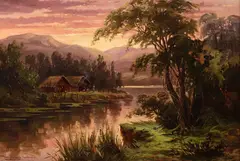 William Allen Bollard, Maori Settlement, Waikato River, oil on canvas board