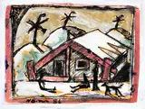 Nigel Brown, 3 ferns and a whare, monoprint with applied acrylic