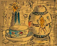 Cup and Ginger Jar by T. A. McCormack, watercolour, ink and wash on paper, sold Sep 2016