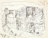 Toss Woollaston, Landscape with Caltex Tower, ink on paper