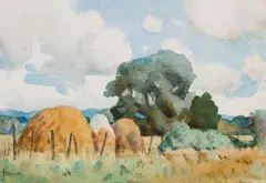 Nugent Welch, Landscape with Haystacks, watercolour
