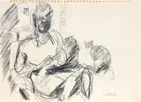 Toss Woollaston, Study with Seated Man and Cat, pencil on paper