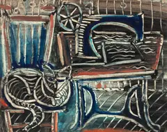 Keith Paterson, Cat with Sewing Machine, watercolour, ink and wash on paper