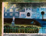 Pauline Thompson, Parliament on Fire, oil on canvasboard