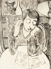 Janet Paul, Charlotte Studying (A Medical Prelim.)[…], […]<i>at Charles Brasch’s House, Heriot Row, Dunedin, 1966</i>; dry point engraving