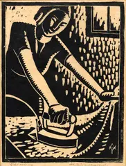 Adele Younghusband, Girl Ironing, linocut
