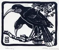 Huias by Hilda Alexandra Wiseman, woodblock print, sold Sep 2016