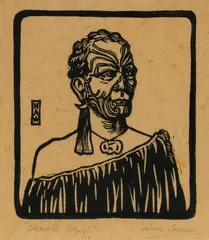 Maori Chief by Hilda Alexandra Wiseman, woodblock print, sold Sep 2016