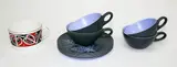 Dorothy Thorpe, Four ‘Pine’ pattern cups and saucers, together with a Royal Doulton ‘Maori Art’ tea cup