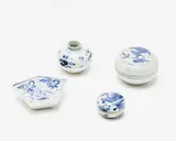 Ming dynasty and later by A collection of four small Chinese blue and white porcelains, comprising two boxes and covers, a jarlet and a small tray, sold Sep 2016