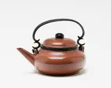 A Chinese Yixing teapot, Gong Ju mark to the base, with highly polished surface, bronze handle, cover finial and bands around the rims