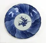 Meiji period by A large Japanese Arita blue and white bowl, painted to the centre with a peony spray, the rim with alternating scrolling lotus and blue wavy bands, sold Sep 2016