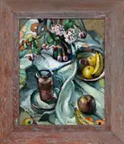 Bessie Christie, Flowers, Fruit and Glass, oil on board