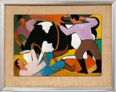 Men and Bull by John Weeks, oil on board, sold Sep 2016