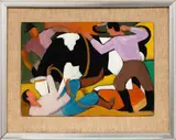John Weeks, Men and Bull, oil on board