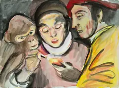 Aping the Humans by Ricky Swallow, watercolour, offered Aug 2016