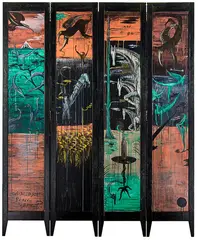 Choreograph Screen by Bill Hammond, acrylic and metallic paint on four panel wooden screen, offered Aug 2016