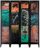 Choreograph Screen by Bill Hammond, acrylic and metallic paint on four panel wooden screen, offered Aug 2016